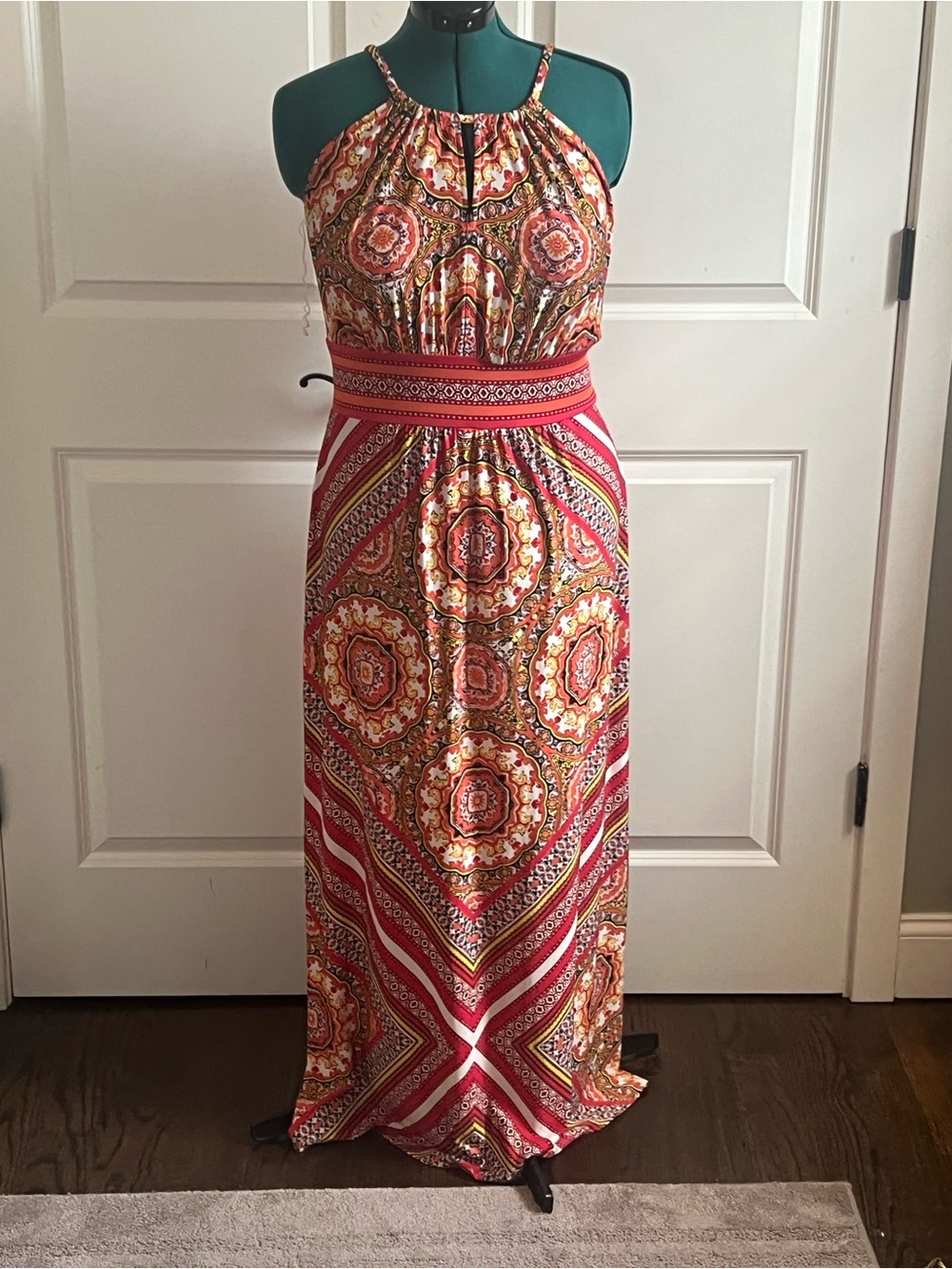 Red Paisley Boho Summer Maxi Dress with Waistband size Large